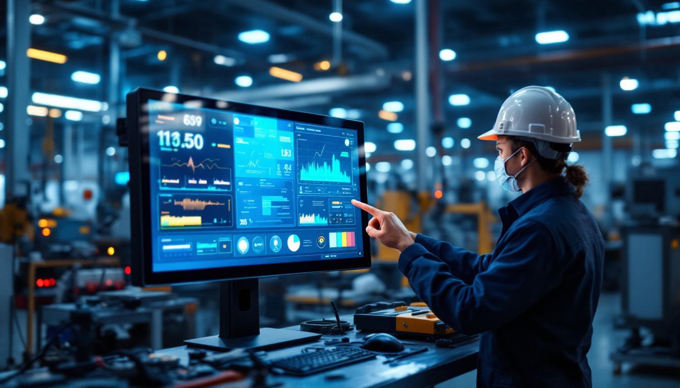 A photograph of a sleek industrial touch screen monitor in a modern factory setting