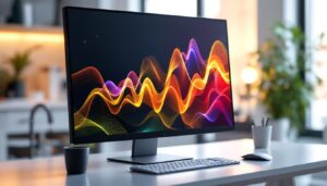 A photograph of a sleek touch screen led monitor displaying vibrant graphics