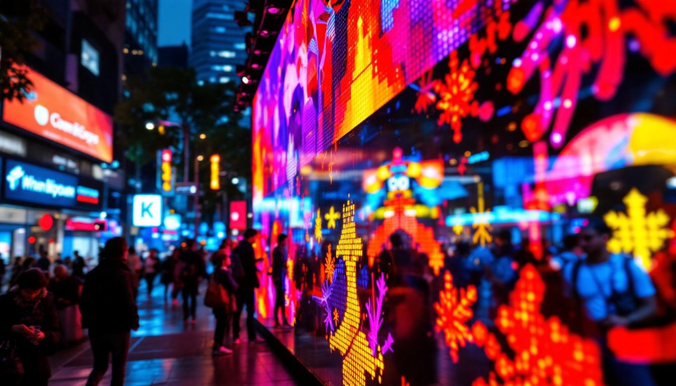A photograph of a vibrant led display in a bustling urban environment