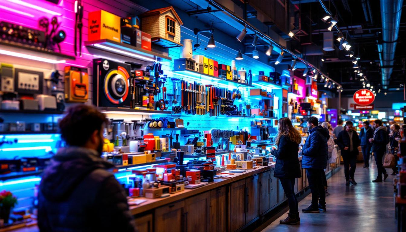 A photograph of a well-lit led display showcasing a variety of home hardware products at standish home hardware