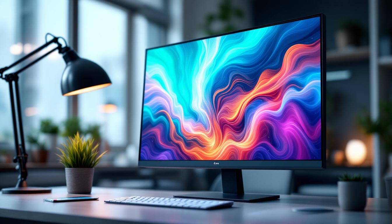 A photograph of capture a photograph of a sleek 27-inch led touch screen monitor displaying vibrant visuals