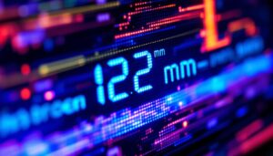 A photograph of a close-up of an led display screen showing a clear measurement conversion from 122 mm to inches