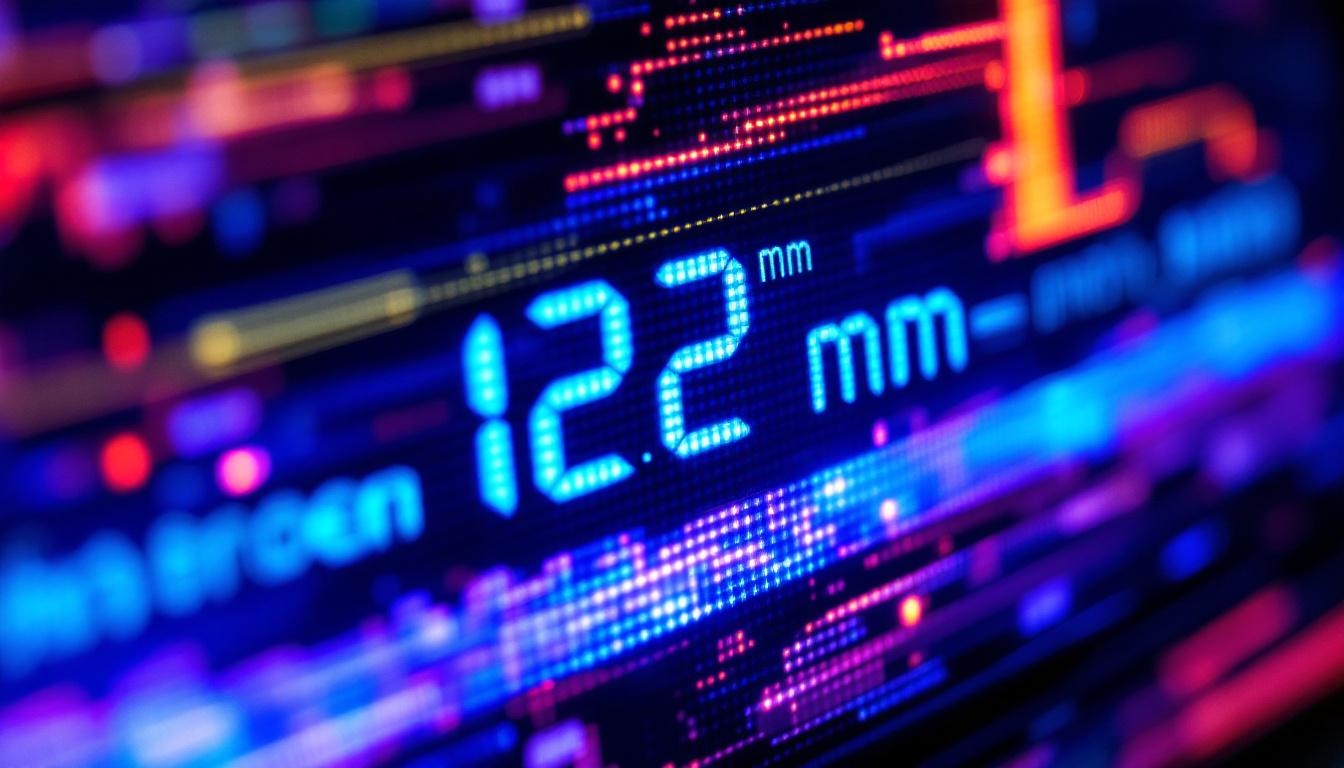 A photograph of a close-up of an led display screen showing a clear measurement conversion from 122 mm to inches