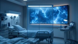 A photograph of a hospital room featuring a privacy screen with an integrated led display