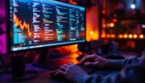 A photograph of a person using a computer with multiple monitors