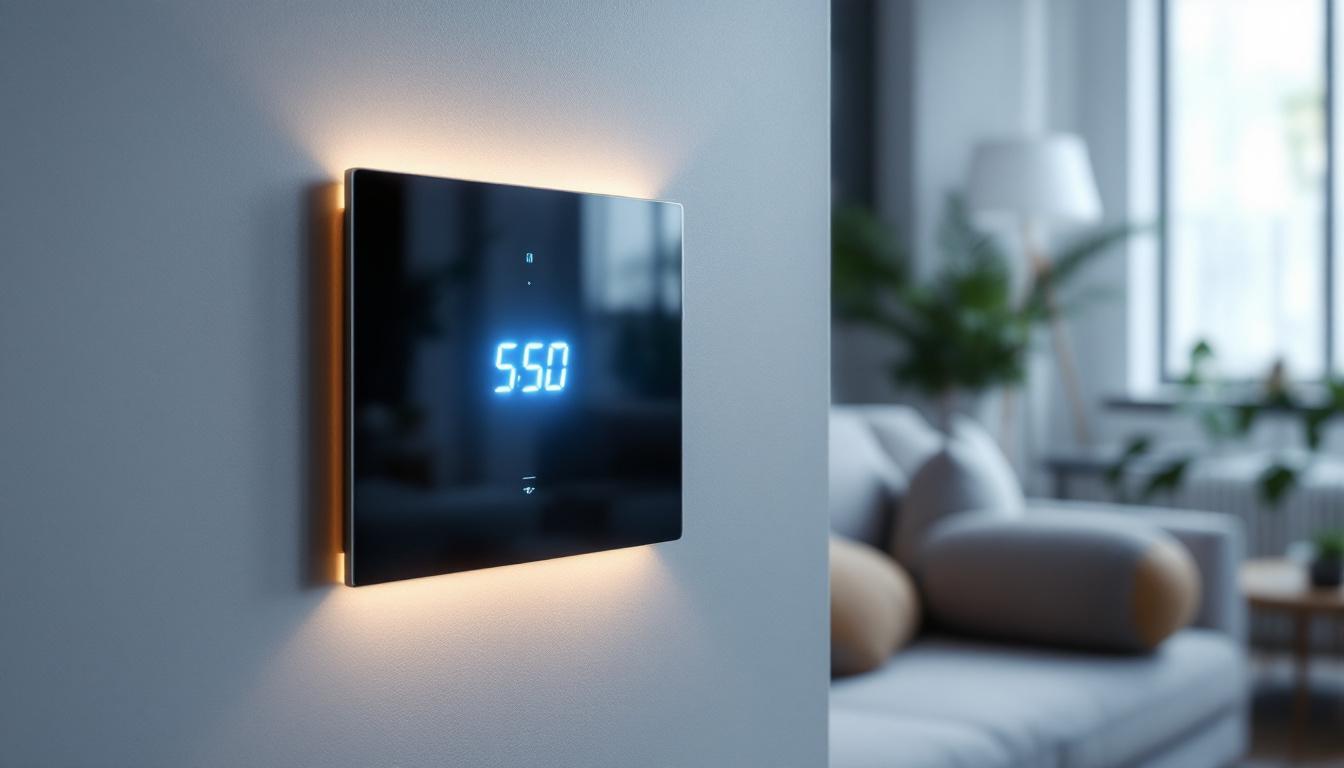 A photograph of a sleek touch screen light switch featuring an illuminated led display in a modern home setting
