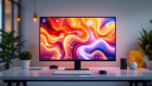 A photograph of a sleek 65-inch touch screen monitor in a modern workspace