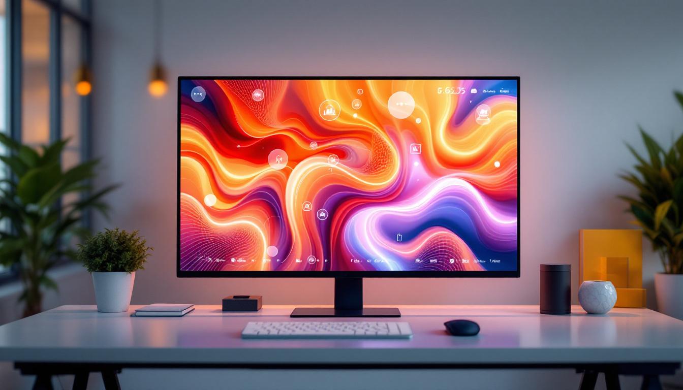 A photograph of a sleek 65-inch touch screen monitor in a modern workspace