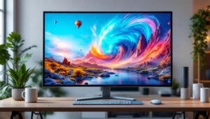 A photograph of a sleek 43-inch touch screen monitor displaying vibrant visuals in an engaging workspace setting