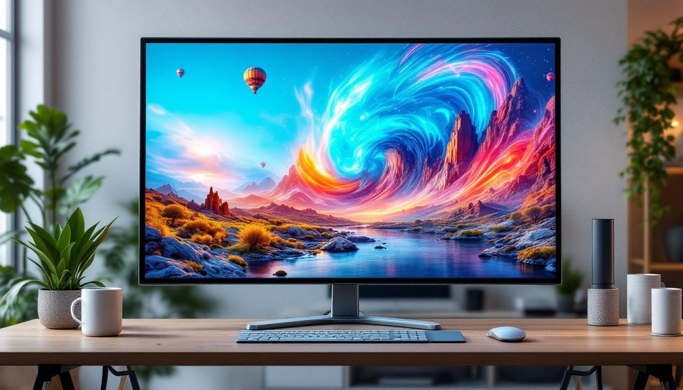 A photograph of a sleek 43-inch touch screen monitor displaying vibrant visuals in an engaging workspace setting