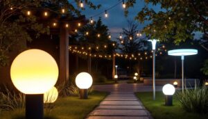 A photograph of a beautifully illuminated outdoor space showcasing various led lighting fixtures in use