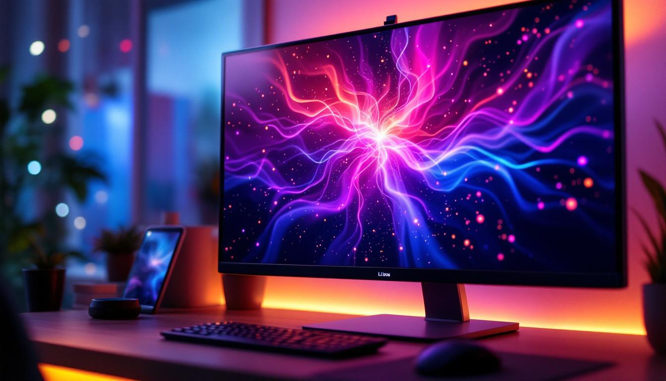 A photograph of a sleek lcd monitor displaying vibrant led visuals