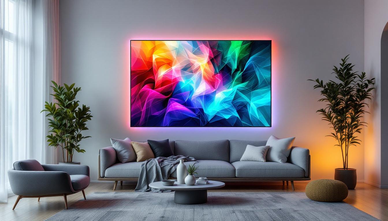 A photograph of a modern living space featuring a stylish frameless led wall art display