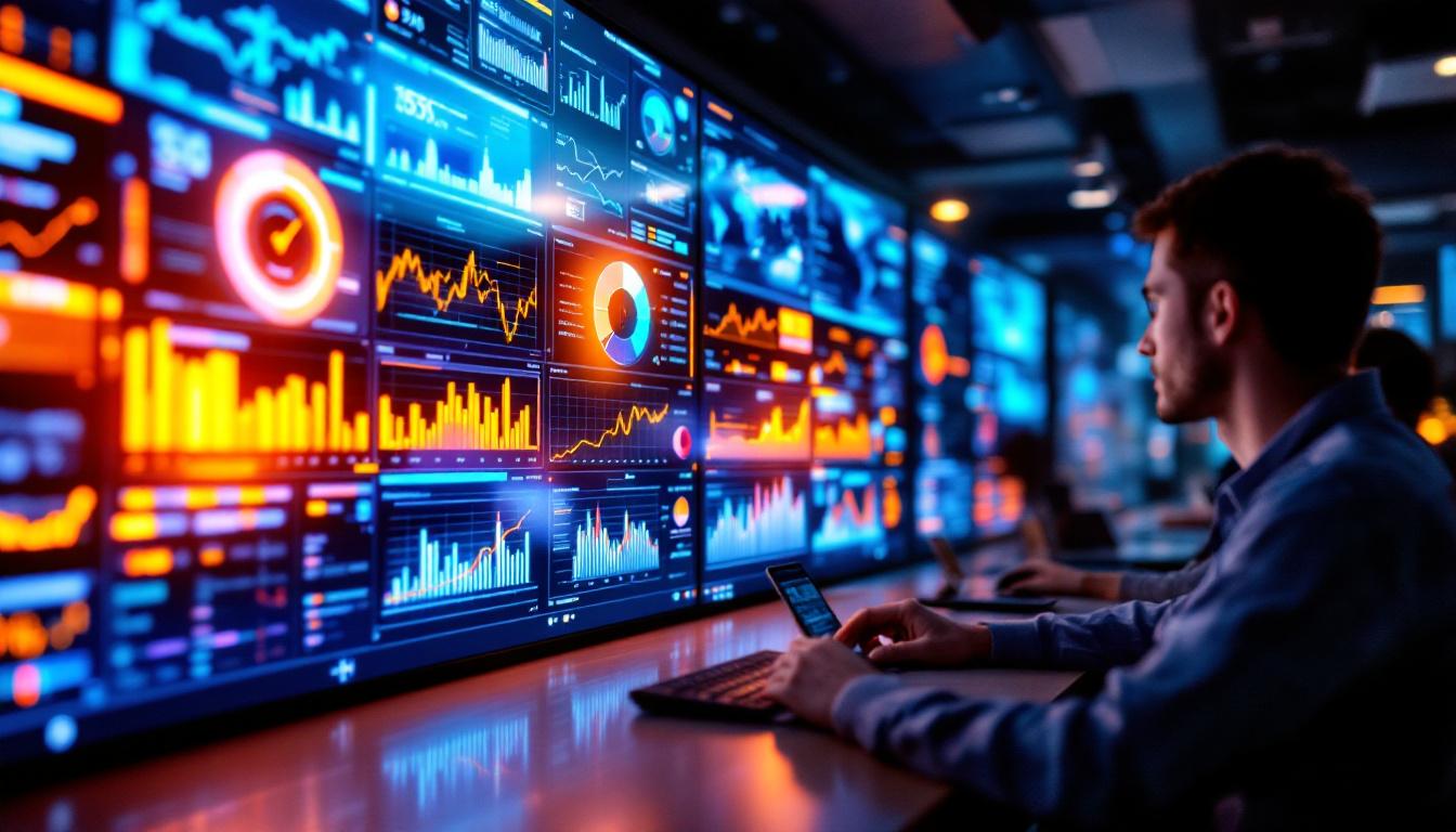 A photograph of a modern control room featuring a large led display in action
