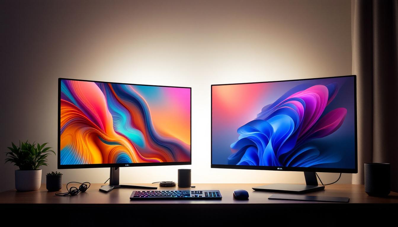 A photograph of a side-by-side comparison of a modern led tv and a computer monitor