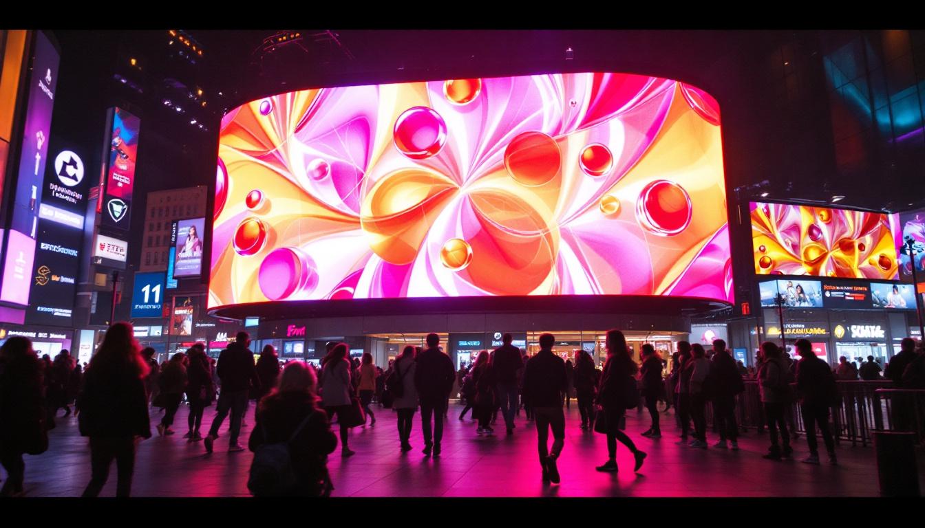 A photograph of a vibrant and dynamic led display in a bustling urban setting