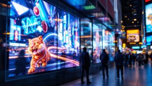 A photograph of a vibrant led digital signage display in a busy urban environment