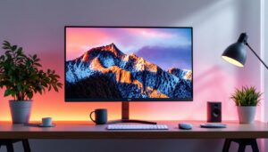 A photograph of capture a photograph of a sleek 32-inch bezel-less monitor displaying vibrant