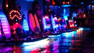 A photograph of a vibrant display of various planer boards equipped with led lights in a fishing setting