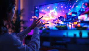 A photograph of a modern touch screen tv monitor displaying vibrant visuals