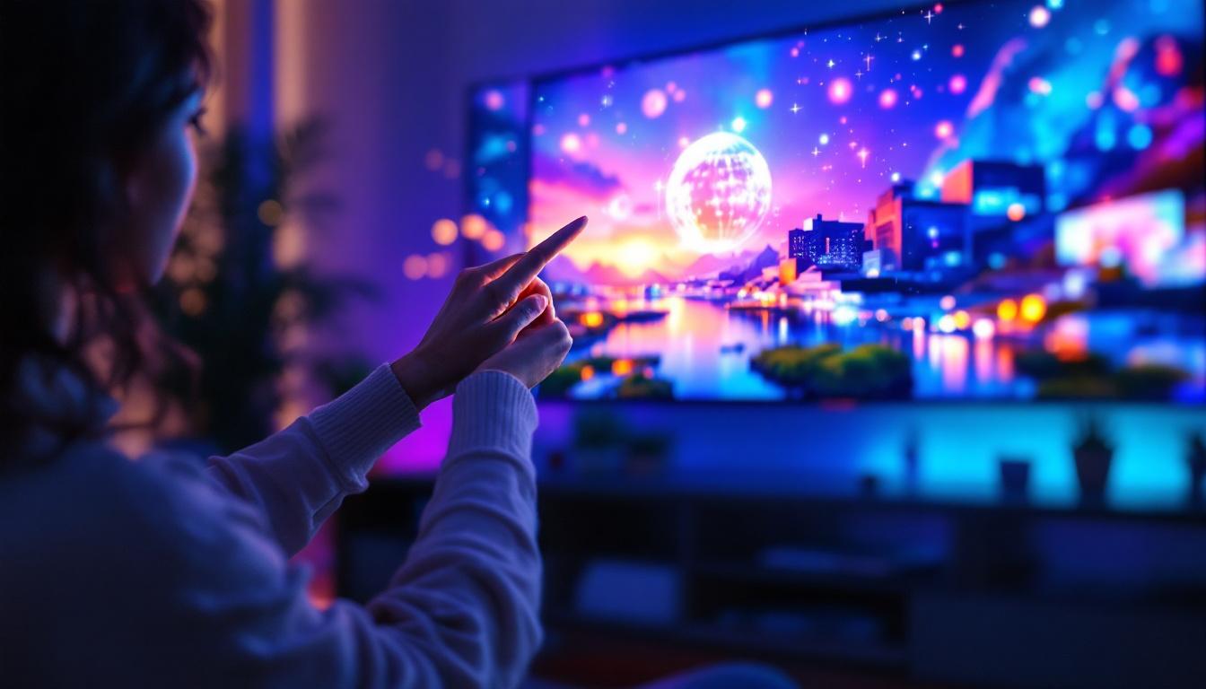 A photograph of a modern touch screen tv monitor displaying vibrant visuals