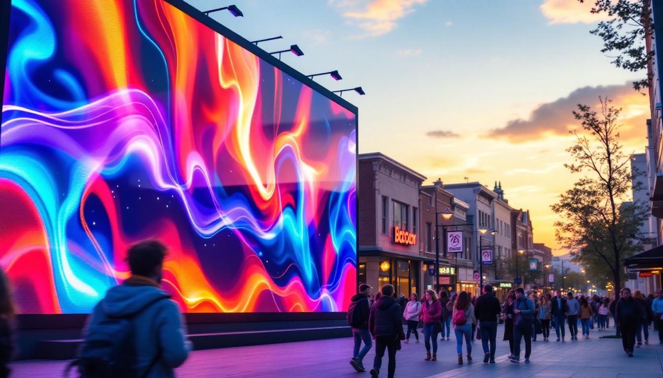 A photograph of a vibrant led display in a bustling beaverton setting