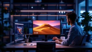 A photograph of a modern workspace featuring a sleek desk privacy panel with an integrated led display