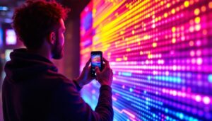 A photograph of a person using a camera or smartphone to film a vibrant led display