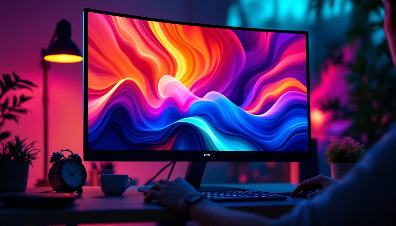 A photograph of a sleek led computer monitor displaying vibrant colors and sharp images