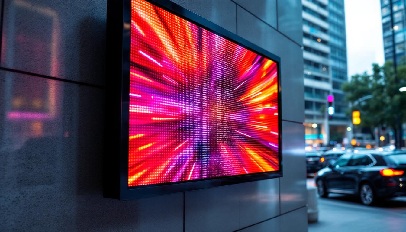 A photograph of a vibrant led display mounted on a wall