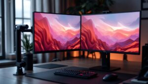 A photograph of capture a photograph of a sleek dual screen desktop setup