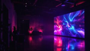 A photograph of a vibrant led display in a dimly lit environment