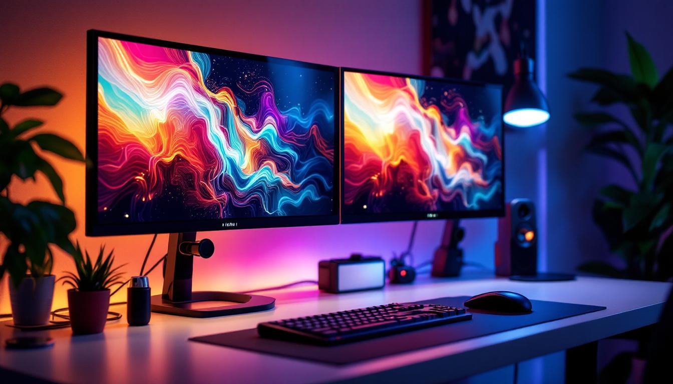 A photograph of capture a photograph of a sleek dual monitor setup on a modern desk
