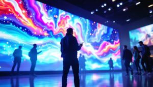 A photograph of a vibrant led display in a dynamic setting