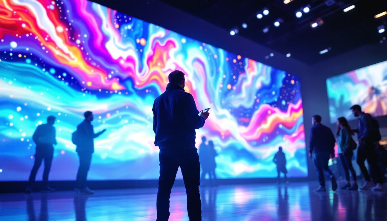 A photograph of a vibrant led display in a dynamic setting