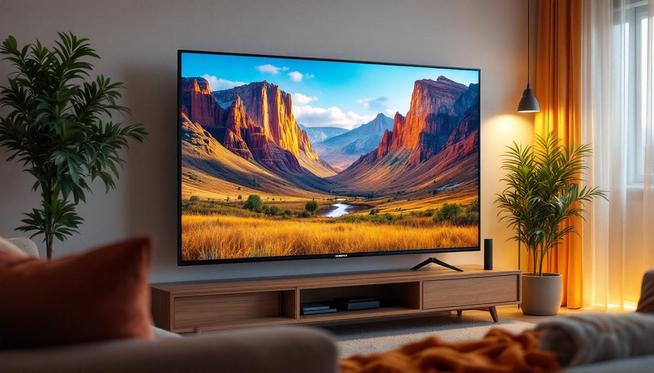 A photograph of capture a photograph of a sleek 50-inch led lcd tv displaying vibrant