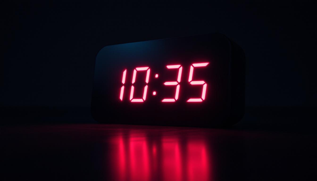 A photograph of capture a photograph of a sleek digital projection clock displaying vibrant led numbers against a dark background