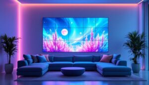 A photograph of a stylish interior featuring an interactive led wall display