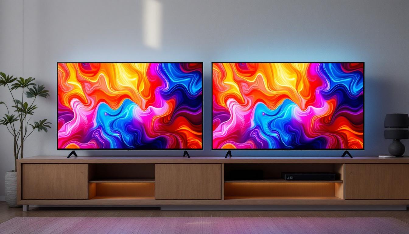 A photograph of a side-by-side comparison of an led tv and an lcd tv displaying the same vibrant image