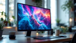 A photograph of a sleek 24-inch led desktop monitor displaying vibrant