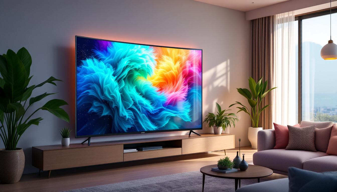 A photograph of a large curved led tv displaying vibrant colors and dynamic content in a modern living room setting