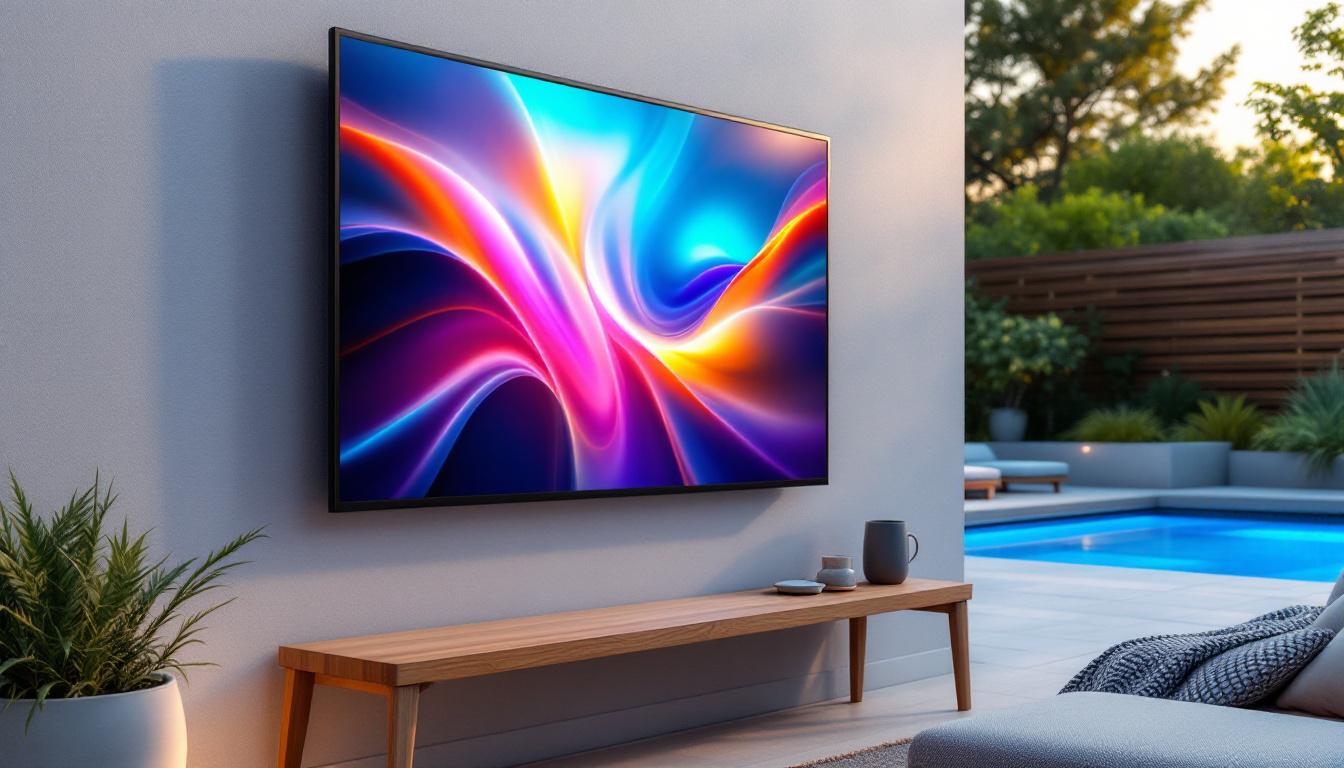 A photograph of a sleek exterior flat screen tv mounted on a stylish outdoor wall