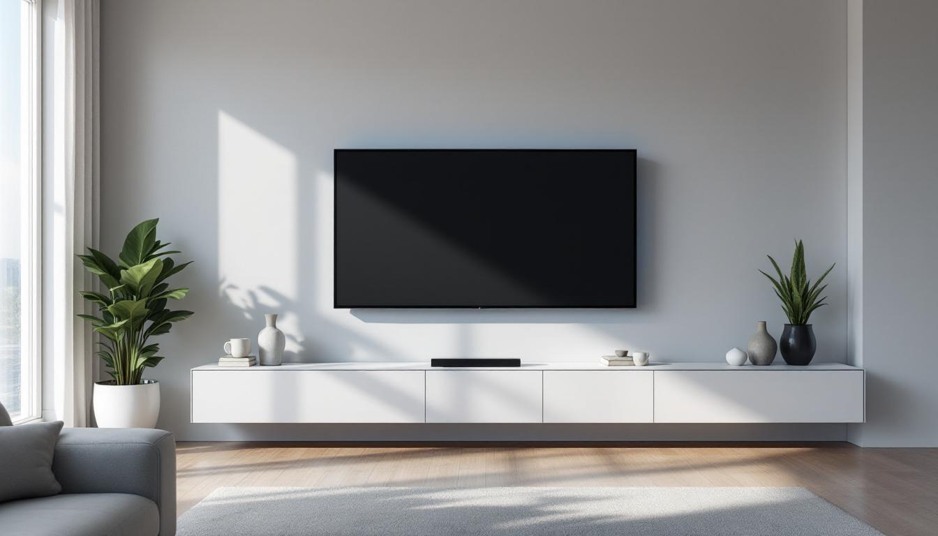 A photograph of a sleek wall-mounted cabinet displaying an led screen in a modern living room setting