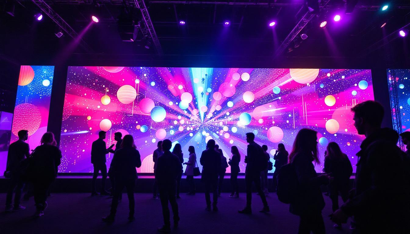 A photograph of capture a photograph of a vibrant led display in an event setting