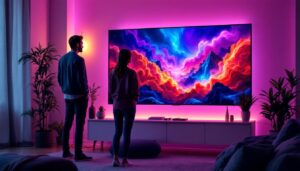 A photograph of a person standing next to an 85-inch led display