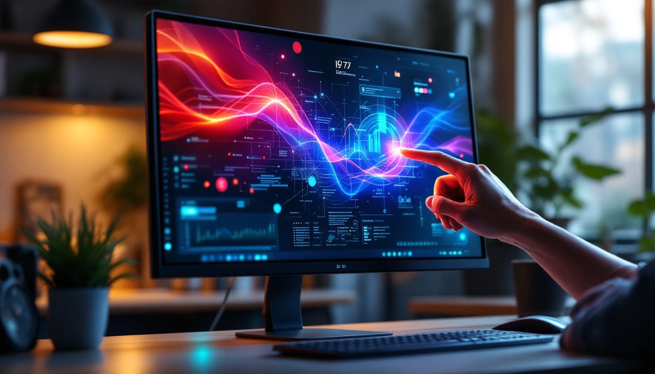 A photograph of a sleek multi-touch pc monitor in a modern workspace setting