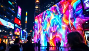 A photograph of a vibrant led display in a dynamic urban setting