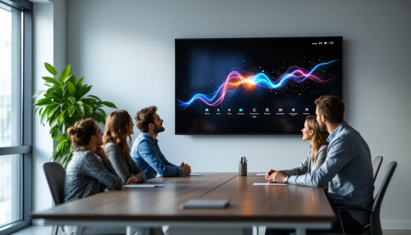 A photograph of a modern conference room featuring a large led touch screen monitor in use