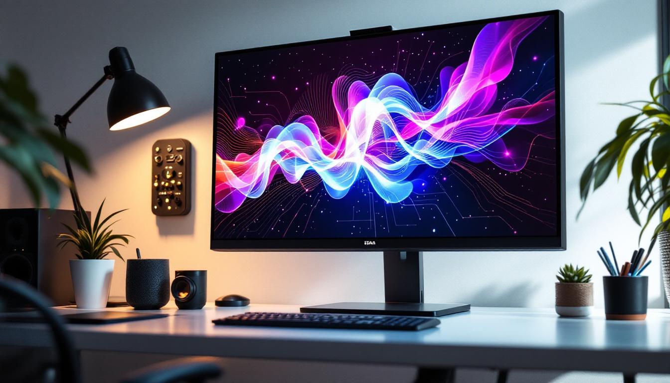 A photograph of a sleek desktop touch screen monitor displaying vibrant led graphics