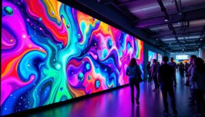 A photograph of a vibrant and dynamic flexible wall panel displaying an engaging led visual